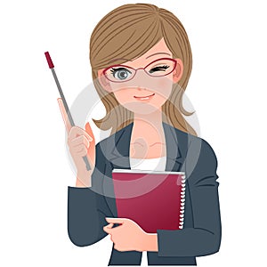 Female lecturer winking with pointer stick