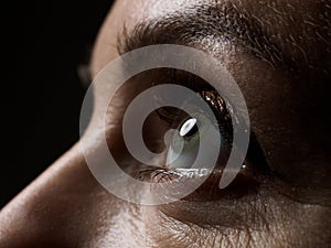 Female left green coloured eye extreme closeup