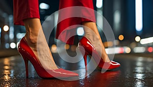 Female legs in beautiful red patent leather stilettos at night city walking design