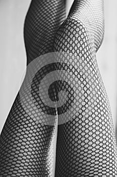 female legs in black fishnet tights