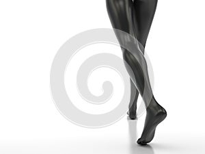 Female legs in black glossy color on a white background. Slender barefoot woman is walking. Black mannequin or sculpture. Creative