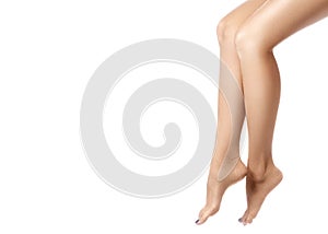 Female legs after depilation. Healthcare, foot care, rutine treatment. Spa and epilation. Feet with clean smooth skin.