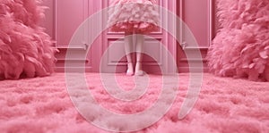female legs in elegant shoes on a fluffy pale pink carpet in a pink interior.