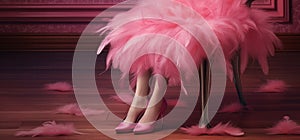 female legs in elegant women's shoes and pink theatrical clothes made of feathers .dolly style