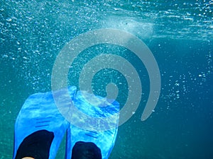 Female legs with flippers underwater view Ithaca island, Molos Gulf, Ionian Sea, Greece