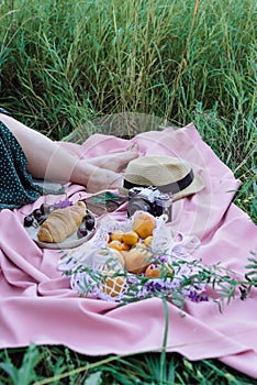 Female legs on a pink blanket on a grass