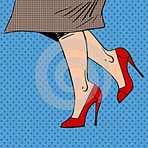 Female legs in red shoes woman coat goes pop art