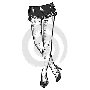 Female legs in a short skirt and shoes. Sketch scratch board imitation.