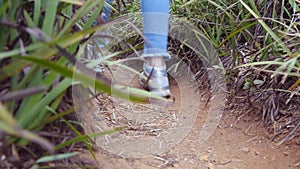 Female legs in sneakers walking on trail with green grass during travel. Foot of woman stepping outdoor. Young girl in