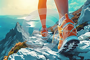 Female legs in sports shoes walking along mountain path over the sea. Travelling concept