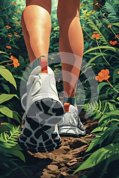 Female legs in sports shoes walking along tropical forrest path with flowers. Travelling concept