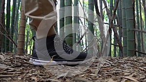 Female Legs in Trekking Shoes Hiking in Bamboo Forest. Close Side View