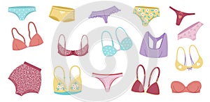 Female lingerie and underwear. Cartoon bra and trousers, string and slips. Women accessories, fashion underwears flat