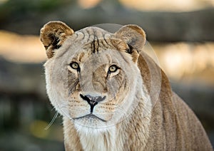 Female lion, Panthera leo, lionesse portrait, looking in camera with soft background