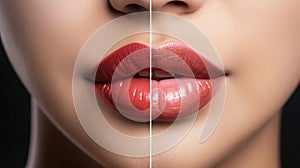 Female lips before and after augmentation procedure. Beauty concept, AI Generative