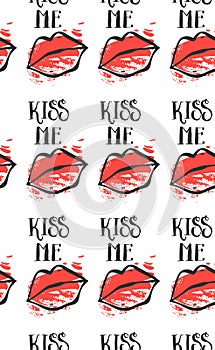 Female lips. Mouth with a kiss, smile, tongue, teeth and kiss me lettering on dots background. Vector comic seamless