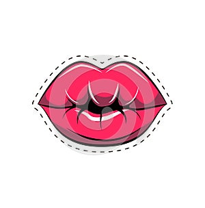 Female lips. Mouth with a kiss, smile, tongue, teeth. Vector comic illustration in pop art retro style isolated on white