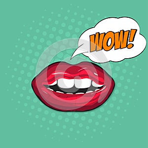 Female lips in pop art style with bubble. Lettering Wow inside bubble. Retro comic illustration with halftone background