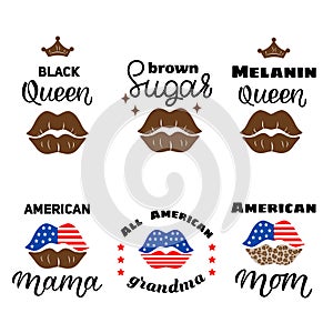 Female lips with quotes.  4th of July. Juneteenth, black live metters.  Trend design elements in the colors of the leopard. Vector