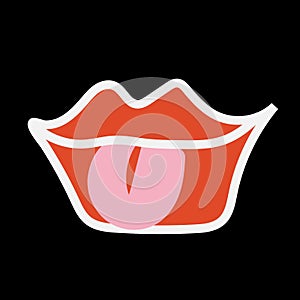 Female lips set. Mouth with a kiss, smile, tongue. Vector comic illustration in pop art retro style isolated.