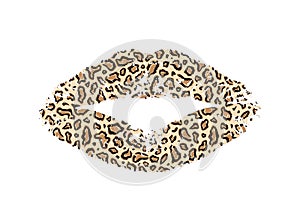 Female lips stylized as a leopard skin. Kiss jaguar isolated on white background for design prints. Animal skin lipstick pucker photo