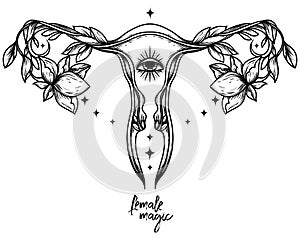 `Female magic` poster with symbol of uterus, esoteric eye and flowers photo