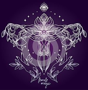 `Female magic` poster with symbol of uterus, hands and lotus flowers