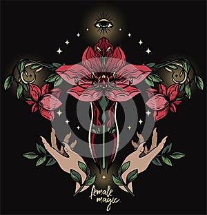 `Female magic` poster with symbol of uterus, hands and lotus flowers