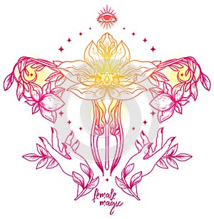`Female magic` poster with symbol of uterus, hands and lotus flowers photo
