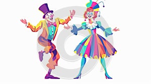 Female magician's assistant and circus clown isolated on white background. Modern cartoon illustration of male