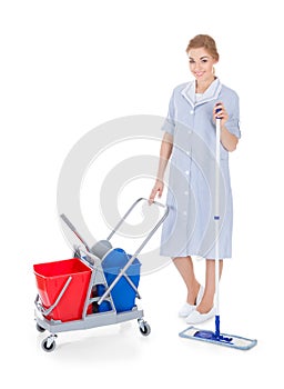 Female maid cleaning floor