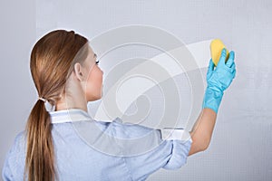 Female maid cleaning glass