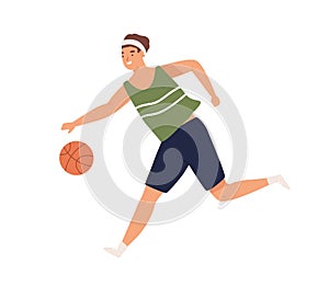 Female or male basketball player running with ball. Portrait of young athletic man or woman playing professional sport