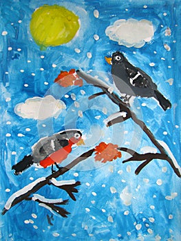 Female and male bullfinch birds - painted by child