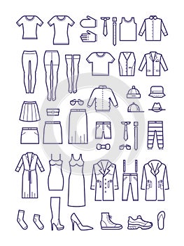 Female and male casual clothes, garment outline vector icons