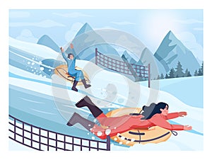 Female and male character on snow tube riding downhill. Young friends