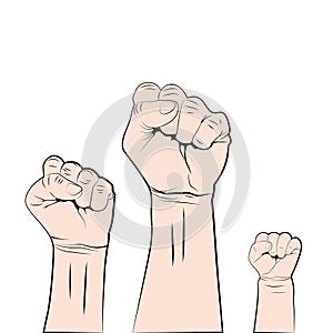 Female male and children fist up. Struggle for rights and freedoms. Vector