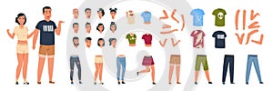 Female and male constructor. Classy character man and woman animation kit with different clothes and body parts. Vector