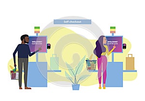 Female and male customers use self checkout counter in supermarket, self service lane in grocery store. Flat style stock 