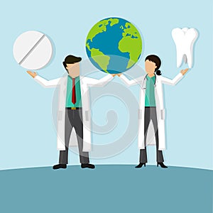 Female And Male Doctor Holding Globe, Medicine And A Dentist Tooth