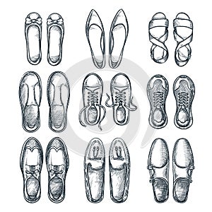 Female and male elegant shoes icons set. Vector hand drawn sketch illustration. Fashion footwear collection