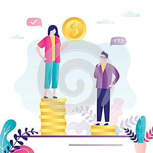 Female and male employees on piles of coins. Pay inequality between genders. Gender gap and discrimination. Equal rights and