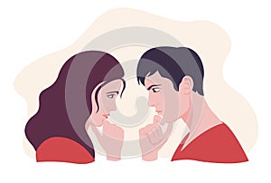 Female and male face looking each other and thinking vector flat illustration