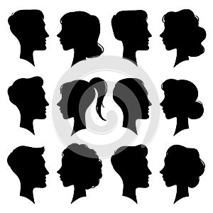 Female and Male faces silhouettes in vintage cameo style. Retro woman and man face profile portrait silhouette. People