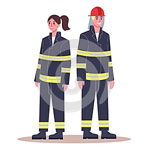 Female and male firefighter. Fireman and firewoman in uniform