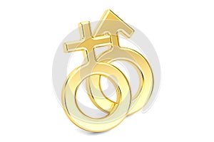 Female and male gender golden symbols, 3D rendering