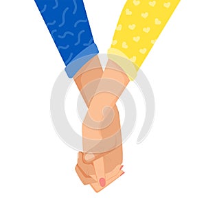 Female and male hand hold hands. Vector illustration of hands in support of Ukraine.