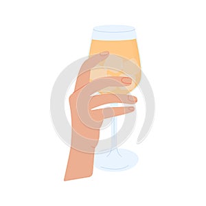 Female or male hand holding glass of cocktail with ice. Wineglass with alcohol drink or beer. Summer aperitif, alcoholic
