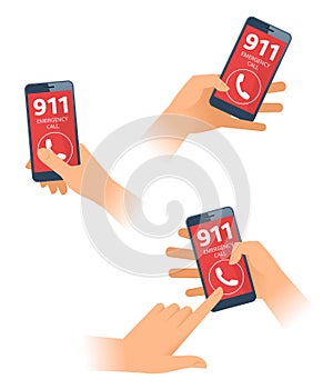Female and male hands dial 911 number on the smartphone. Flat vector illustration