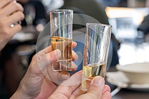 Female and male hands holding glasses and toasting, celebration, outdoors